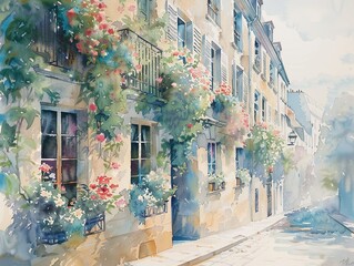 Paris streets with windows and houses and flowers in watercolor style