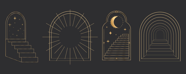 Golden thin line arch frame door stairs, sun and stars, mystic portal, astrology border, decoration, set minimal tatoo on dark background.