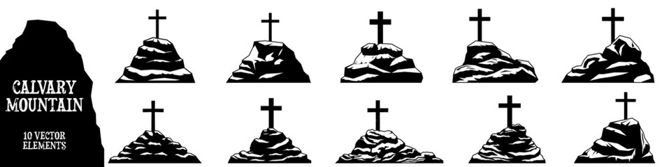 Calvary mountain. icon set. Silhouette style. - 743762982