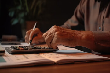 Close-up of a senior man writing with papers or bills and a calculator at home in the evening. Concept of savings, annuity insurance, and financial planning. - obrazy, fototapety, plakaty