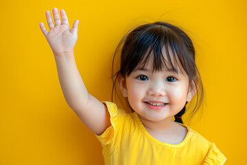  Beautiful little girl with waving hand saying hello isolated on yellow background.