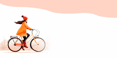 Vintage banner illustration style of woman riding a bicycle with basket and flowers isolated on white background. Vector illustration. Beautiful postcard.