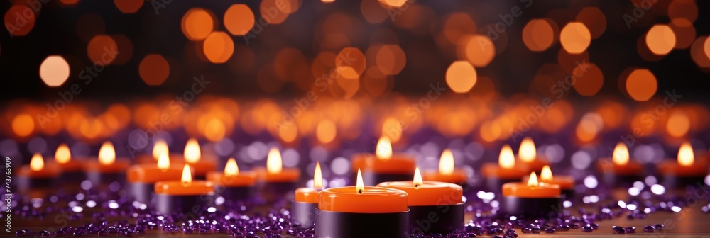 Poster a tranquil scene of a group of candles sitting elegantly on top of a wooden table, casting a warm an