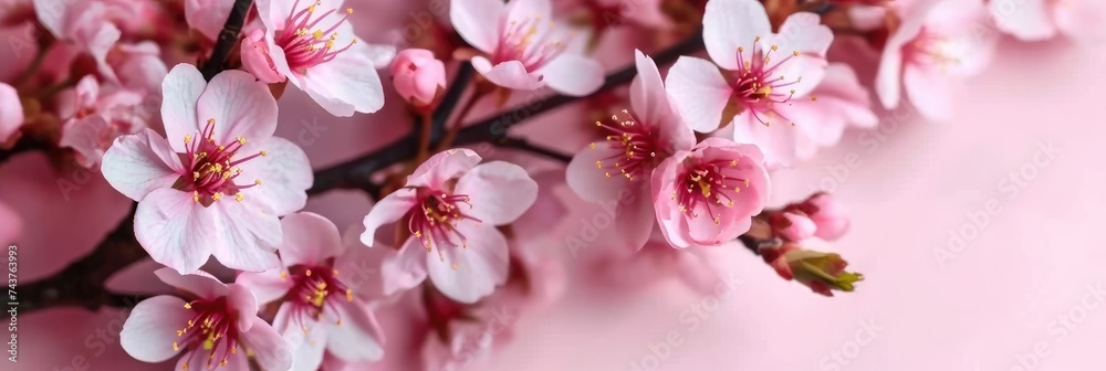 Poster panoramic pink flowers up close. each delicate petal and intricate detail is showcased, creating a m