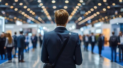 Back view business executive standing in exhibition hall. Back view businessman standing at event. - obrazy, fototapety, plakaty