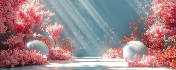3D underwater podium scene products showcased amidst bubbles and coral beauty