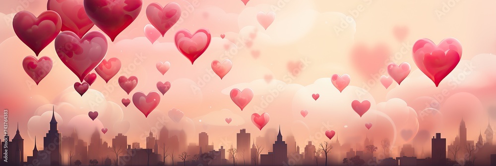 Poster countless hearts float gracefully in the sky above a bustling city, creating a whimsical and enchant