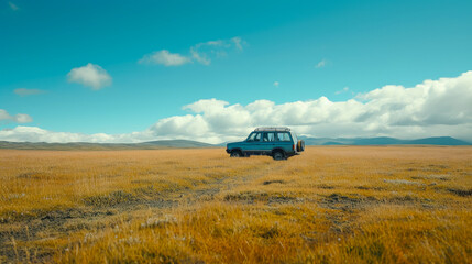 Summer Drive: Car Parked on Fresh Green Pasture