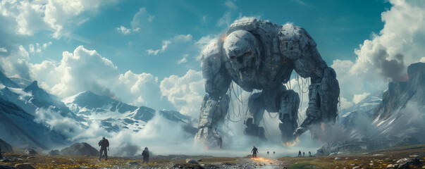 Cyclops and Titan locked in combat a battlefield of shattered landscapes - obrazy, fototapety, plakaty
