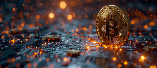 bitcoin crypto with a technology stock exchange background - obrazy, fototapety, plakaty