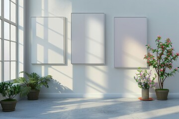 Interior poster mockup with a square metal frame and plants in a vase against a white wall