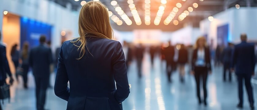 Back view business executive standing in exhibition hall. Back view businesswoman standing at event.