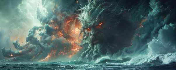 summoning sea monsters as Zeus calls down a storm battlefield set - obrazy, fototapety, plakaty
