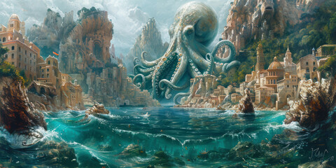 Tentacle and trident clash  vs the squid amidst the ruins of a sunken city - obrazy, fototapety, plakaty
