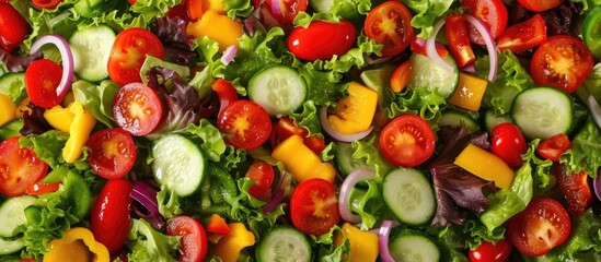 A close-up view of a fresh vegetable salad featuring vibrant red tomatoes and crisp green cucumbers, creating a colorful and refreshing dish. - obrazy, fototapety, plakaty