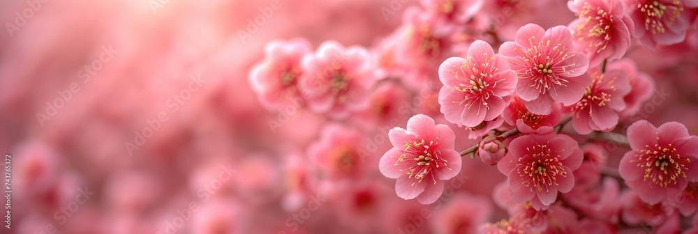 Poster a cluster of vibrant pink flowers adorning a tree, swaying gently in the breeze, creating a beautifu