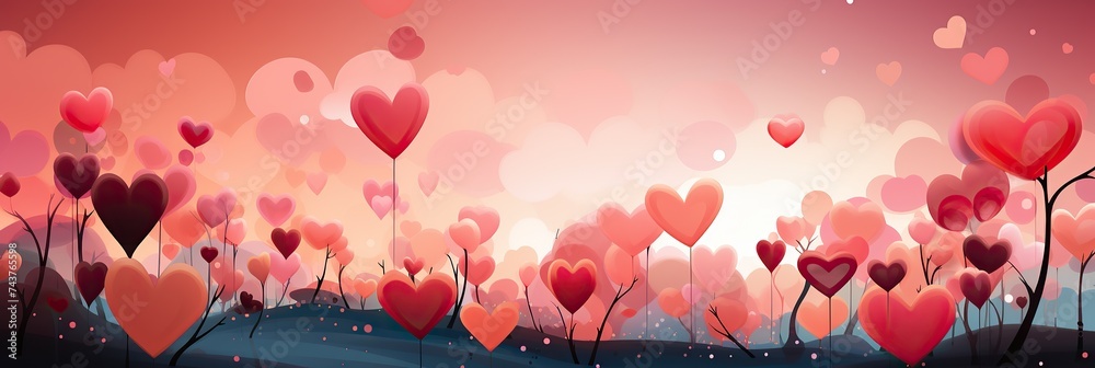 Poster a vibrant painting showcasing numerous hearts of different sizes and colors floating gracefully in t