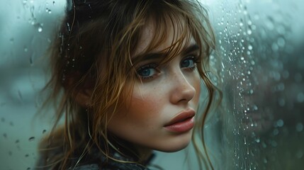 Depressed woman near window on rainy day, beautiful girl near a wet window in rainy weather