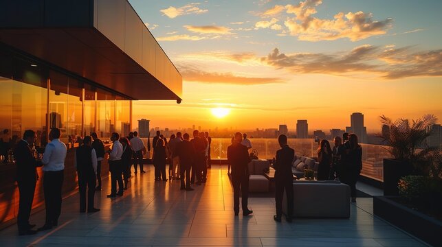 Rooftop business event against urban sunset view. Corporate gathering with city skyline view.