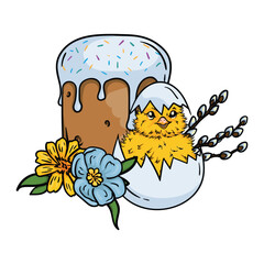 Bright illustration with Easter cake, newborn chick, flowers and willow branches. Vector image for greeting card, print