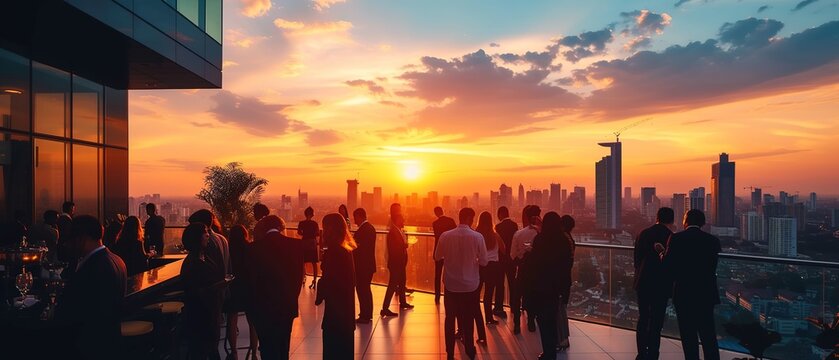 Rooftop business event against urban sunset view. Corporate gathering with city skyline view.