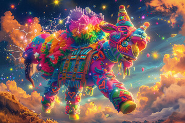 A mythical Aztec deity piñata floats, bursting with colorful stars in a dreamscape