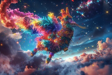 A mythical Aztec deity piñata floats, bursting with colorful stars in a dreamscape - obrazy, fototapety, plakaty