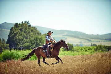 Poster Cowboy, fast and man riding horse with saddle on field in countryside for equestrian or training. Nature, summer and speed with mature horseback rider on blue sky at ranch outdoor in rural Texas © Y.A./peopleimages.com