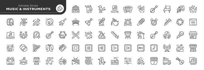 Set of line icons in linear style. Set - Music, musical instruments and audio.. Outline icon collection. Conceptual pictogram and infographic. Editable stroke.  © PaHa