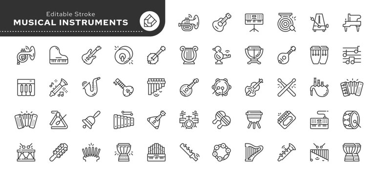 Set of line icons in linear style. Set - Musical instruments. Music, piano, guitar, drum, harp, flute, violin and others. Outline icon collection. Conceptual pictogram and infographic.Editable stroke