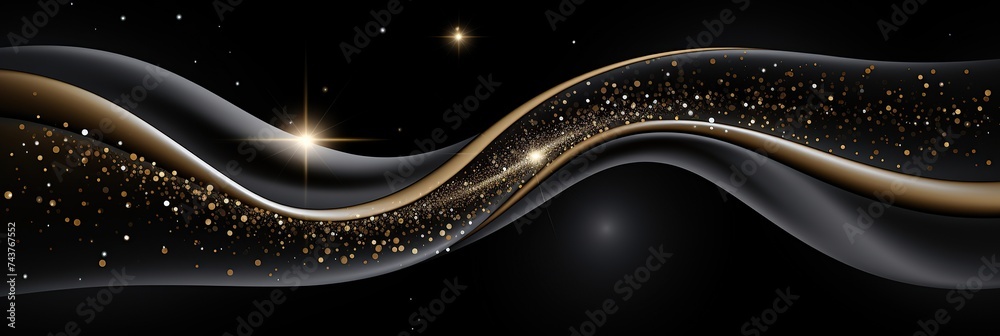 Poster A mesmerizing scene unfolds with sparkling gold stars shimmering against a deep black canvas, while elegant waves curl and crash in a celestial dance
