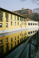 Picturesque scene of Milan's Naviglio Martesana, a peaceful haven amidst the bustling city. - 743767501