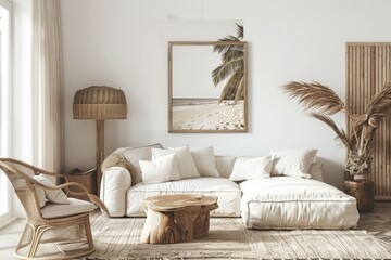 Interior poster mockup with a square metal frame and plants in a vase against a white wall