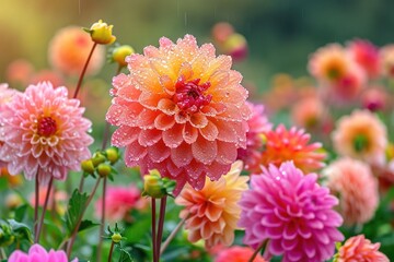 vibrant dahlia flowers scattered across the lush green grass, swaying gently in the breeze under...