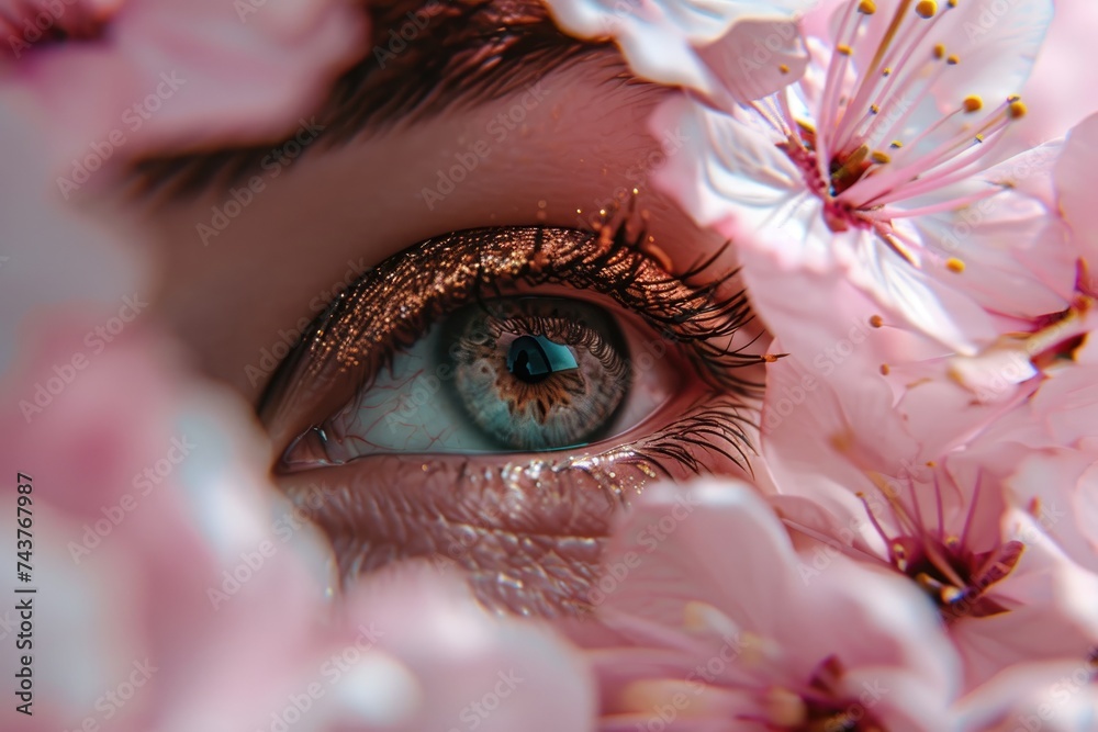 Aufkleber intricate patterns of a persons eye with vibrant and colorful flowers blooming in the background, cr