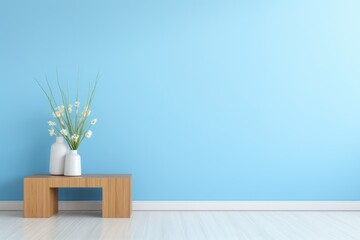 Mock up of an empty interior with a wooden bench. Light - blue wall background