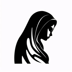 Black silhouette, tattoo of a woman with her head covered with a scarf on white background. Vector.