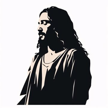 Black silhouette, tattoo of a man with long hair on white background. Vector.