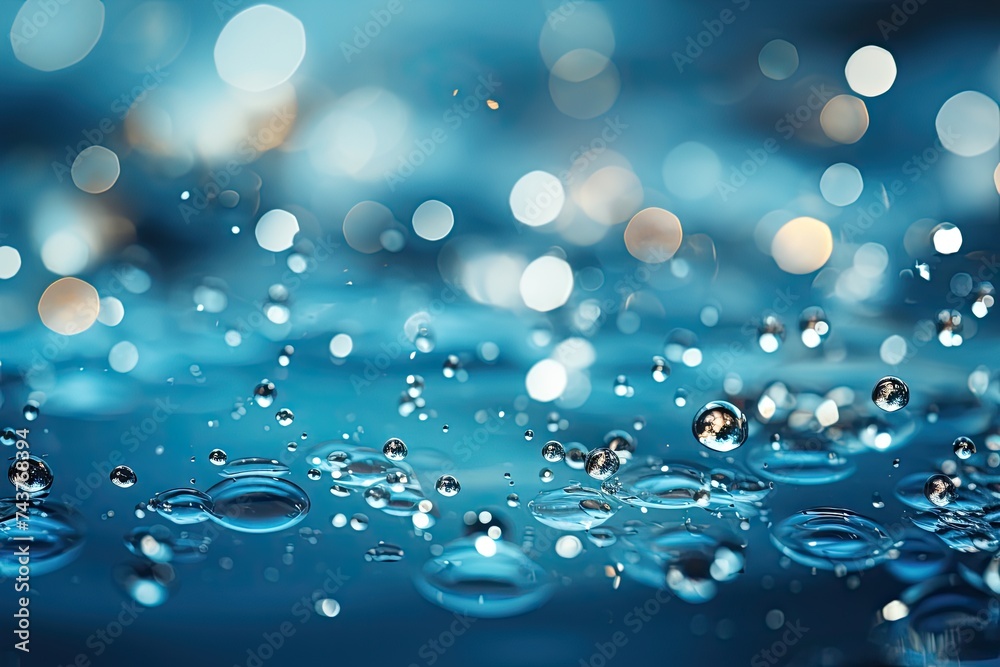 Poster glistening drops of water elegantly rest on a smooth, vibrant blue surface, creating a mesmerizing a