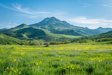 Obraz premium Lush green meadow with yellow flowers leading to a majestic mountain