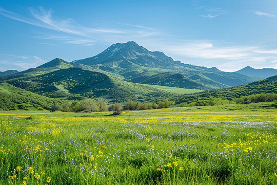 Lush green meadow with yellow flowers leading to a majestic mountain