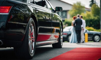black luxury cars standing on red carpet low angle shot .