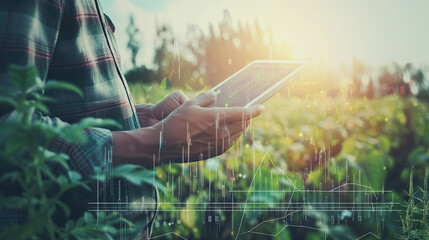 person using digital tablet for digital farming - digital workflow and stream lined processes in agriculture  - obrazy, fototapety, plakaty