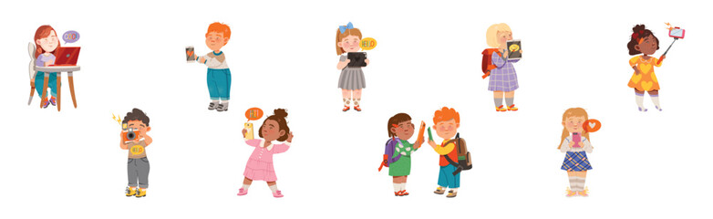 Cute Kids with Modern Gadget and Mobile Device Vector Set