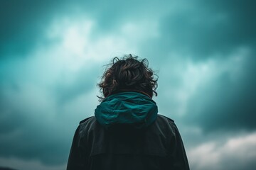 portrait of a person in a hood standing under the gloomy sky.