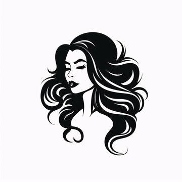 Black silhouette, tattoo of bust of a woman with long hair on white background. Vector.