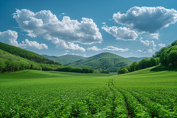 Fototapeta na wymiar Green field under blue sky with fluffy clouds and distant hills