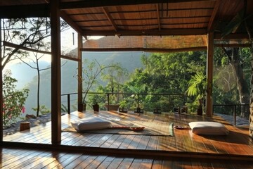 Serene yoga deck with mats overlooking a lush forest at sunrise, promoting tranquility and wellness.