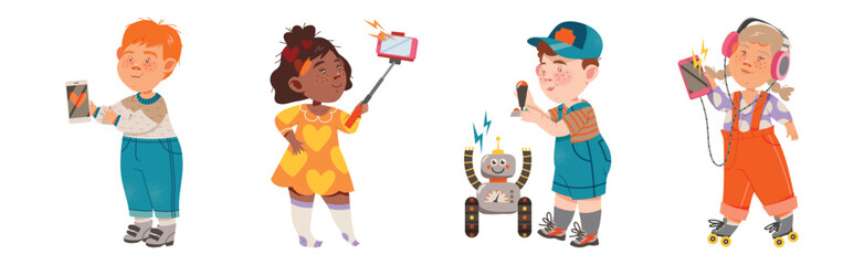 Cute Kids with Modern Gadget and Mobile Device Vector Set