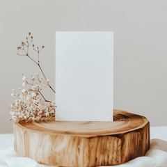 White Greeting Card on Wooden Podium with Dried Flowers - Product Mockup